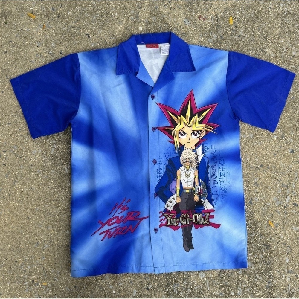 YuGiOh 1996 RARE Vintage Anime Print Button Up Shirt Blue Black size Large Y2K